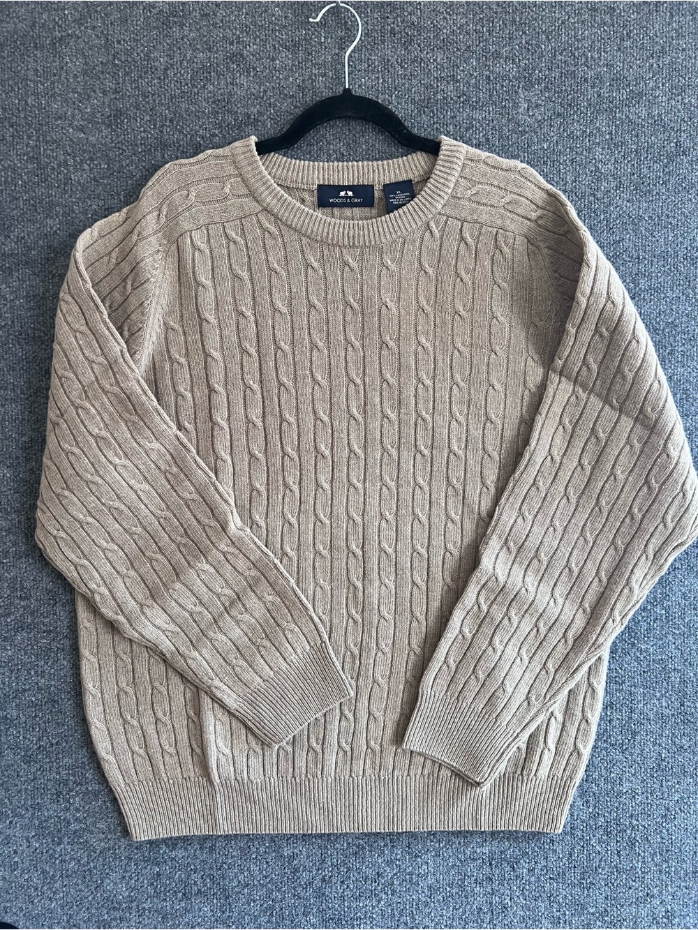 Wool & Oak Men's Cable Crewneck Sweater in Light Tan